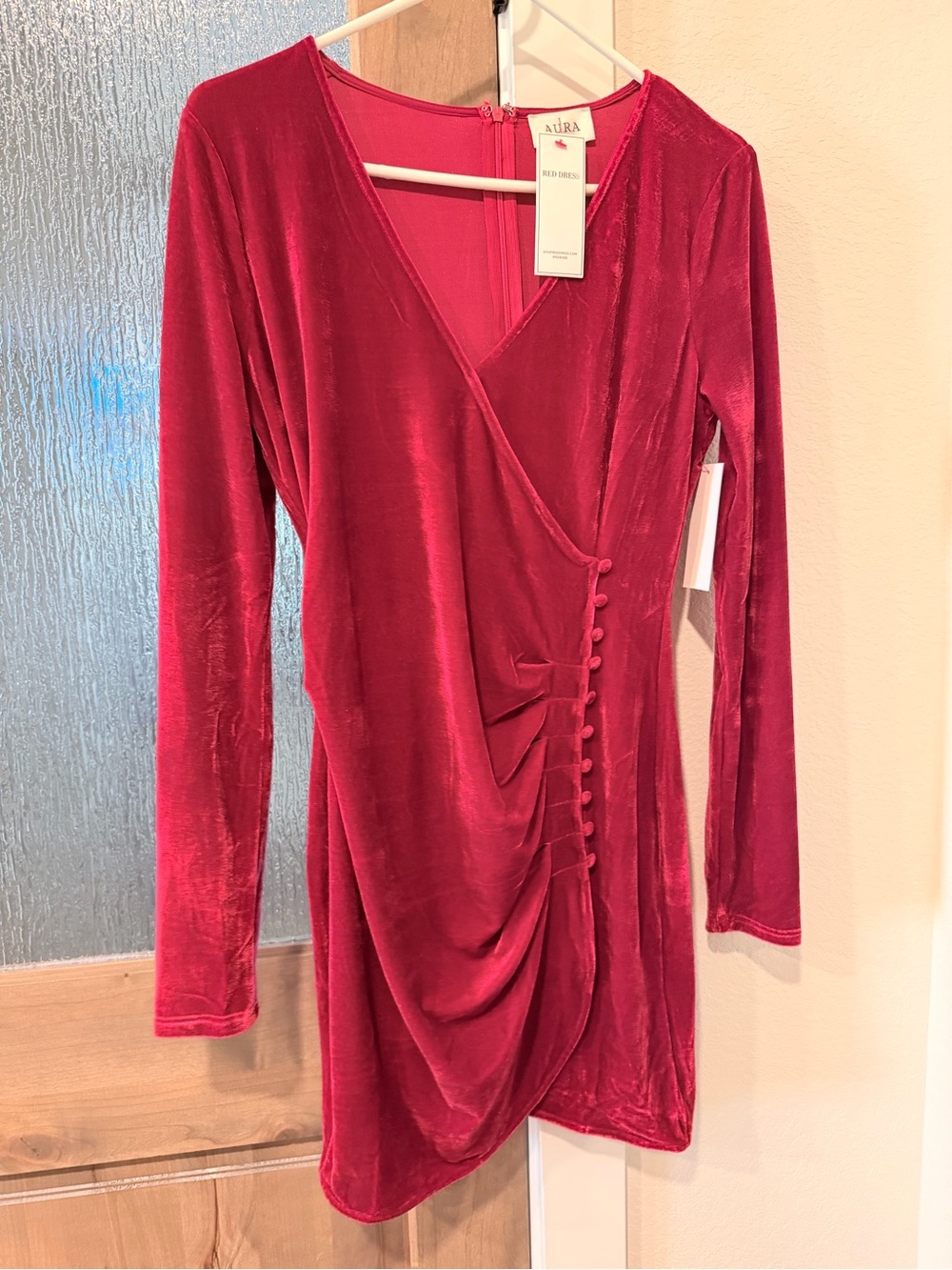 Aura Red Velvet Draped Long-Sleeve Wrap Dress